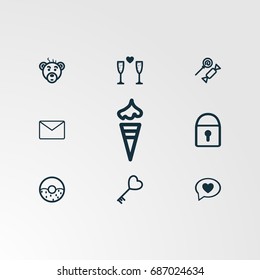 Set of 9 perfect miscellaneous icons. Vector illustration. Includes heart, bear, candy, wine glass, lock, ice cream, message, heart chat, heart key, donut vectors.