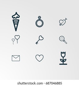 Set of 9 perfect miscellaneous icons. Vector illustration. Includes heart, ice cream, ring, diamond, heart key, heart balloon, flower, message vectors.