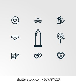 Set of 9 perfect miscellaneous icons. Vector illustration. Includes heart, condom, vectors.