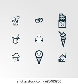 Set of 9 perfect miscellaneous icons. Vector illustration. Includes cat, heart, cloud, house, ice cream, music, romantic, table, parachute  vectors.