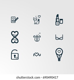 Set of 9 perfect miscellaneous icons. Vector illustration. Includes cat,lipsticl,pen,lock,clock,  vectors.