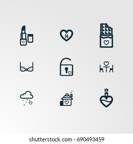 Set of 9 perfect miscellaneous icons. Vector illustration. Includes lipstick,lock,couple,bauty,fashion,rain,cloud vectors.