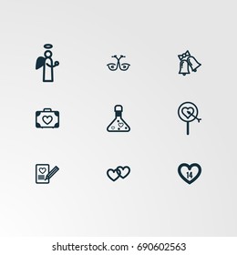Set of 9 perfect miscellaneous icons. Vector illustration. Includes angel,note,suitcase,pen  vectors.