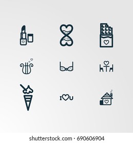 Set of 9 perfect miscellaneous icons. Vector illustration. Includes bra, couple, lipstick, ice cream, home, house, sweet, clock  vectors.