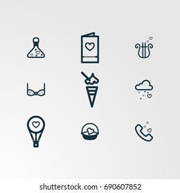 Set of 9 perfect miscellaneous icons. Vector illustration. Includes parachute,book,cloud,sky,rain,phone,bra  vectors.