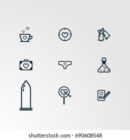 Set of 9 perfect miscellaneous icons. Vector illustration. Includes condom,love,cup,suitcase,underwear,note,pen  vectors.