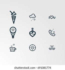 Set of 9 perfect miscellaneous icons. Vector illustration. Includes icecream,cloud,rain,love,cup,milk,phone  vectors.
