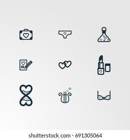 Set of 9 perfect miscellaneous icons. Vector illustration. Includes suitcase,underwear,lipstick,note,letter,bra,clock  vectors.