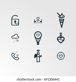 Set of 9 perfect miscellaneous icons. Vector illustration. Includes parachute,couple,angel,icecream,phone,cloud,rain,lock,key  vectors.