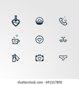 Set of 9 perfect miscellaneous icons. Vector illustration. Includes phone,suitcase,underwear,bra,cup,beauty  vectors.