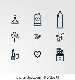 Set of 9 perfect miscellaneous icons. Vector illustration. Includes condom,cat,book,lipstick,letter,chocolate,pen,goal vectors.