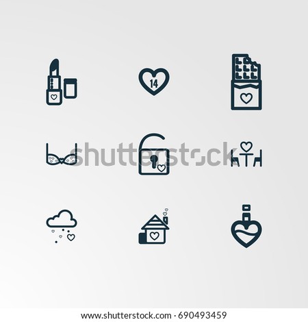 Set of 9 perfect miscellaneous icons. Vector illustration. Includes lipstick,lock,couple,bauty,fashion,rain,cloud vectors.