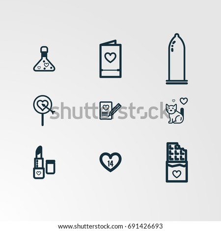 Set of 9 perfect miscellaneous icons. Vector illustration. Includes condom,cat,book,lipstick,letter,chocolate,pen,goal vectors.