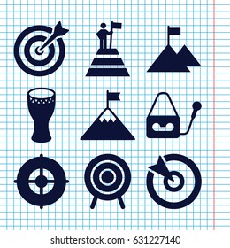 Set of 9 performance filled icons such as microphone, target, drum, man at the top of the mountain with flag