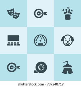 Set of 9 performance filled icons such as target, turbo, speedometer, theatre mask, circus, clown, rabbit in magic hat
