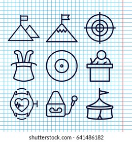 Set of 9 performance outline icons such as microphone, heartbeat watch, target, teacher, flag on mountain, magic hat