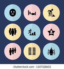 Set of 9 person filled icons such as plane seats, meeting, man going up, group, digging man, sad emot, bed