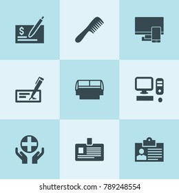 Set of 9 personal filled icons such as badge, check, computer, pc, medical care, store window, cheque