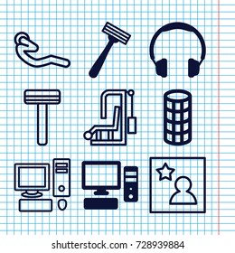 Set of 9 personal filled and outline icons such as razor, hair curler, pc, abdoninal workout, favorite photo, headphones