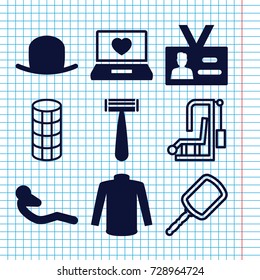 Set of 9 personal filled and outline icons such as razor, hat, sweater, abdoninal workout, laptop with heart, badge, mirror, hair curler