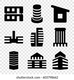 Set of 9 perspective filled icons such as business centre, house building