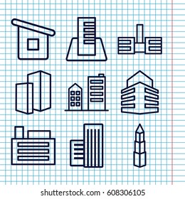 Set of 9 perspective outline icons such as house builidng, building