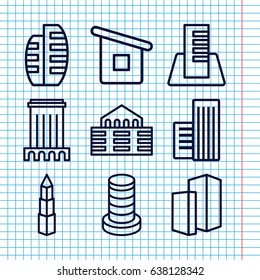 Set of 9 perspective outline icons such as house builidng, building