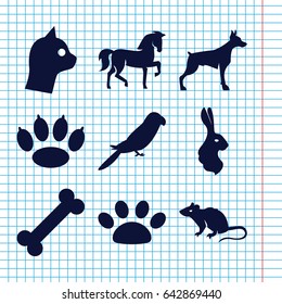 Set of 9 pet filled icons such as horse, dog, mouse, parrot, rabbit, paw, cat