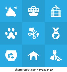 Set Of 9 Pets Icons Set.Collection Of Birdcage, Home, Fishbowl And Other Elements.