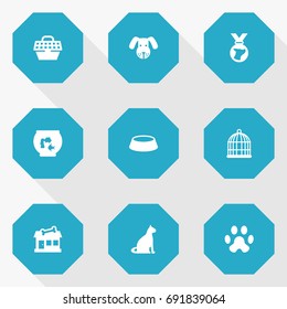 Set Of 9 Pets Icons Set.Collection Of Footprint, Medallion, Head And Other Elements.
