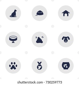Set Of 9 Pets Icons Set.Collection Of Fishbowl, Neckband , Footprint Elements.