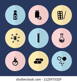 Set of 9 pharmaceutical filled icons such as paints, pill, test tube, medicine, medicine bottle