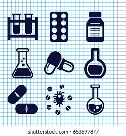 Set of 9 pharmaceutical filled icons such as test tube, pill, medicine