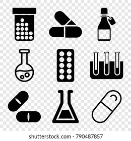 Set of 9 pharmaceutical filled and outline icons such as pill, test tube, bottle pills
