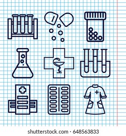Set of 9 pharmacy outline icons such as hospital, pill, test tube, nurse gown, pharmacy
