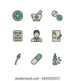 Set of 9 Pharmacy Vector Icons – Prescription Drugs, Pill Bottle, Mortar and Pestle, Medicine Dropper, and Healthcare Essentials