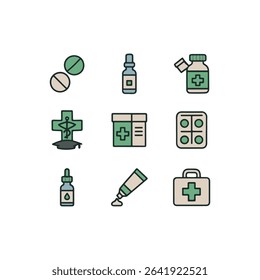 Set of 9 Pharmacy Vector Icons – Prescription Drugs, Pill Bottle, Mortar and Pestle, Medicine Dropper, and Healthcare Essentials
