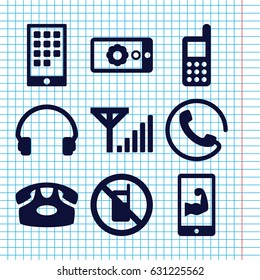 Set of 9 phone filled icons such as call, no phone, headset, gear on display