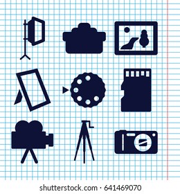 Set of 9 photo filled icons such as camera, camera tripod, soft box, memory card, photo