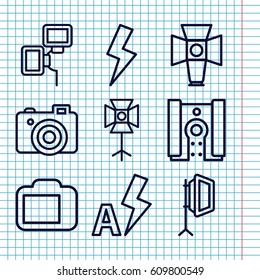 Set of 9 photographer outline icons such as camera, soft box, camera flash, camera display, flash