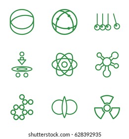 set of 9 physics outline icons such as atom, radiation, cradle