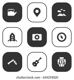 Set Of 9 Picnic Icons Set.Collection Of Jackknife, Kettle, Landscape Elements.