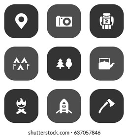 Set Of 9 Picnic Icons Set.Collection Of Wood Axe, Photo Camera, Backpack And Other Elements.