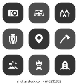 Set Of 9 Picnic Icons Set.Collection Of Wood Axe, Campfire, Inflatable Raft And Other Elements.