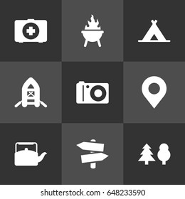 Set Of 9 Picnic Icons Set.Collection Of First Aid Box, Signpost, Bbq And Other Elements.