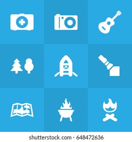 Set Of 9 Picnic Icons Set.Collection Of Tree, Inflatable Raft, Campfire And Other Elements.