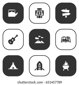 Set Of 9 Picnic Icons Set.Collection Of Map, Tent, Acoustic And Other Elements.