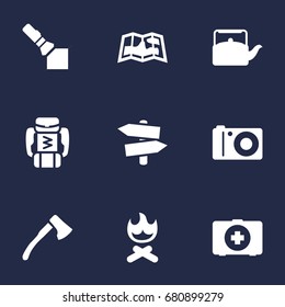 Set Of 9 Picnic Icons Set.Collection Of First Aid Box, Flashlight, Photo Camera And Other Elements.