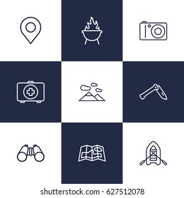 Set Of 9 Picnic Outline Icons Set.Collection Of Mountains, Penknife, Photographing And Other Elements.