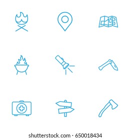 Set Of 9 Picnic Outline Icons Set.Collection Of Place Pointer, Pocket Torch, Gps And Other Elements.